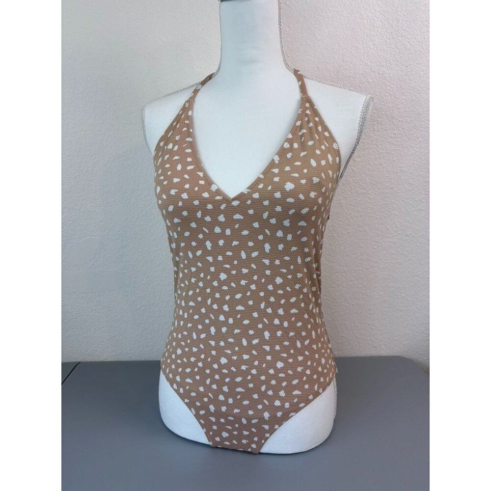 Aerie women's medium tan‎ white dot one piece full coverage swimsuit halter tie